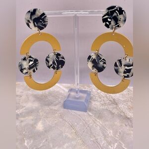 Black Marble Print Acrylic Circles with Brass Tone Accent Dangle Earrings